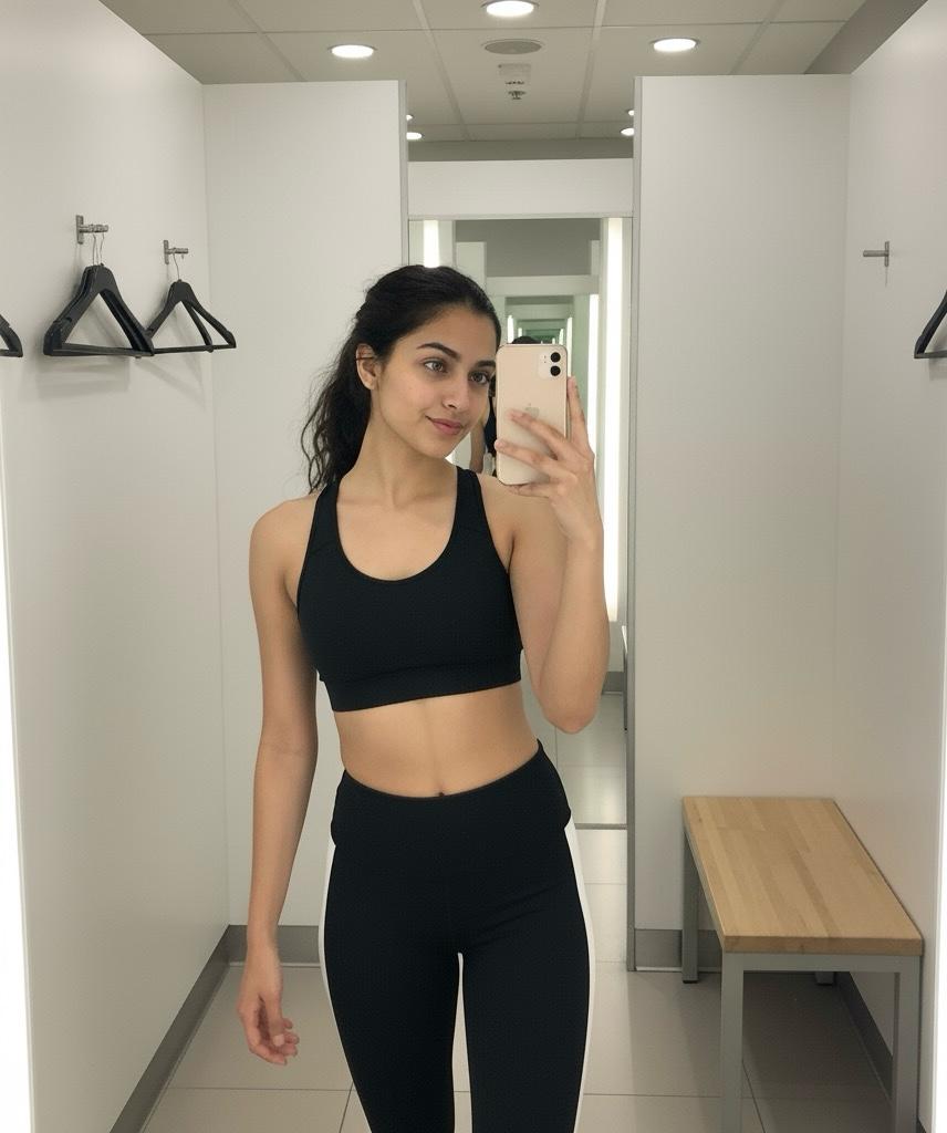 woman taking a mirror selfie in a fitting room wearing a black workout outfit
