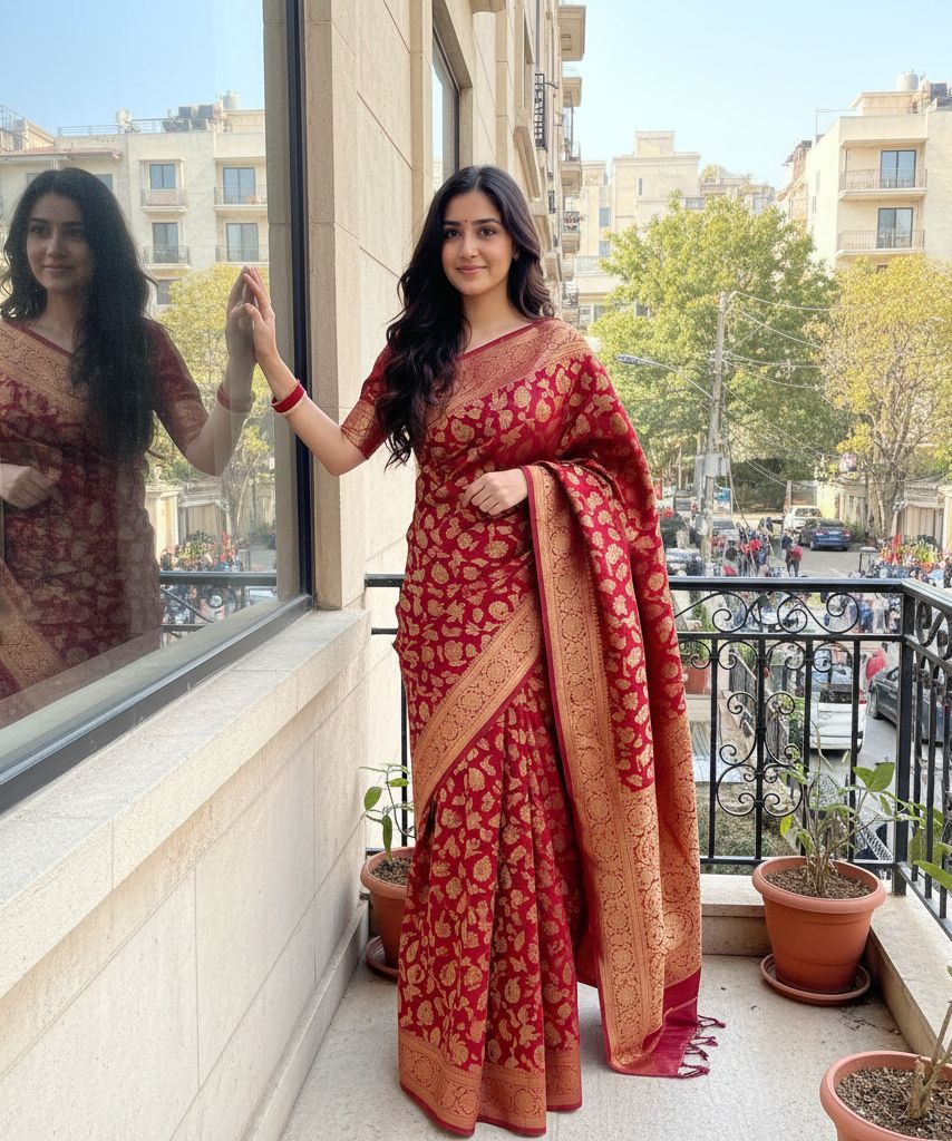 woman wearing a traditional red saree standing on a balcony