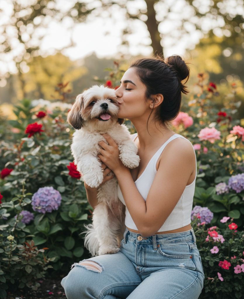 woman kissing her small dog while sitting in a garden full of flowers