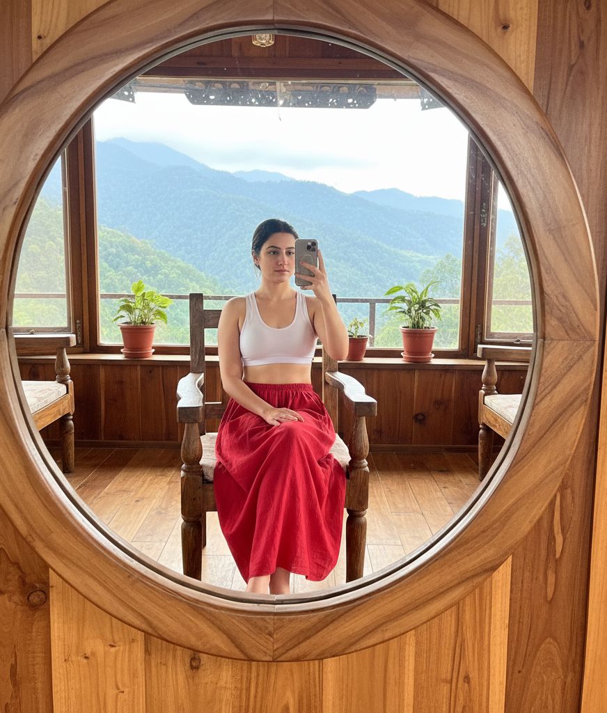 woman taking a mirror selfie while sitting in a wooden room with mountain views in the background