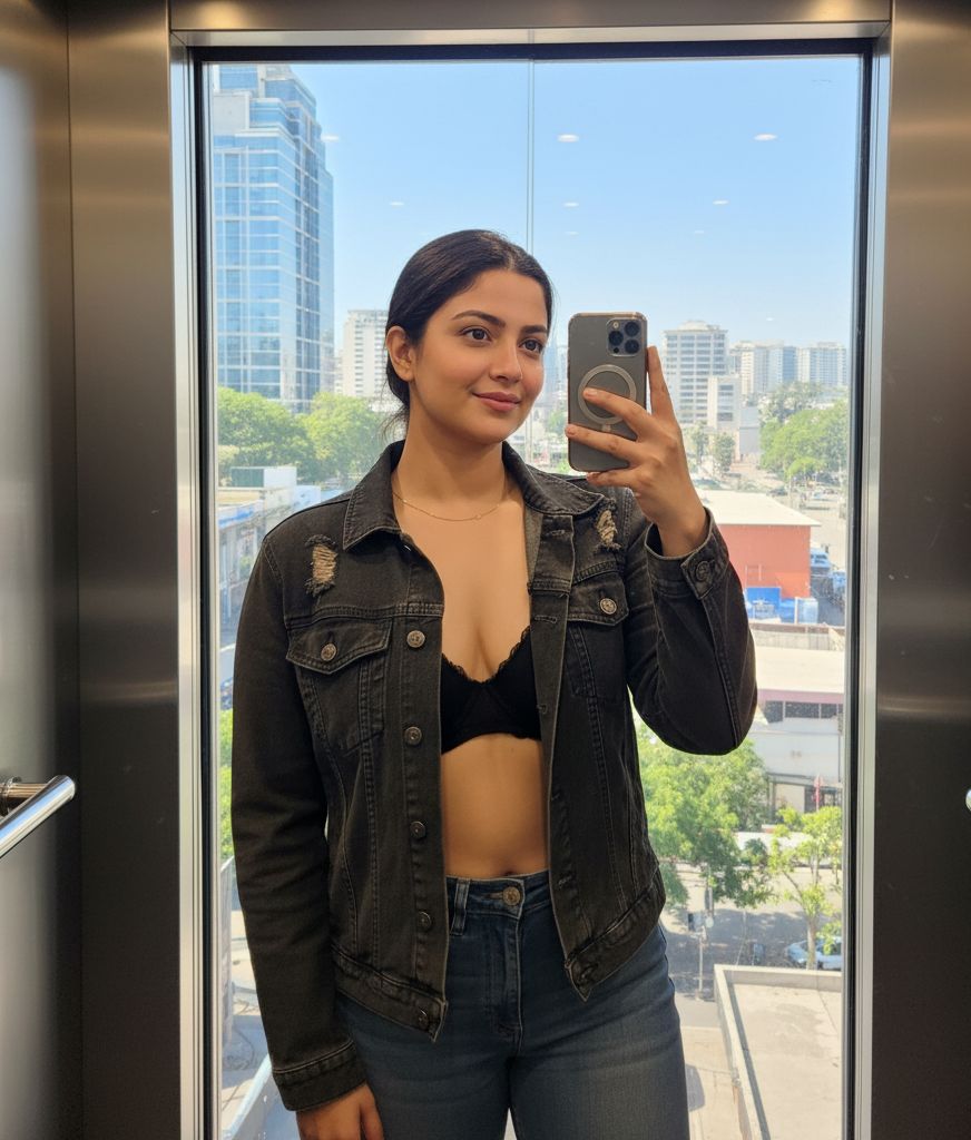 woman taking a mirror selfie inside an elevator with a city view behind her
