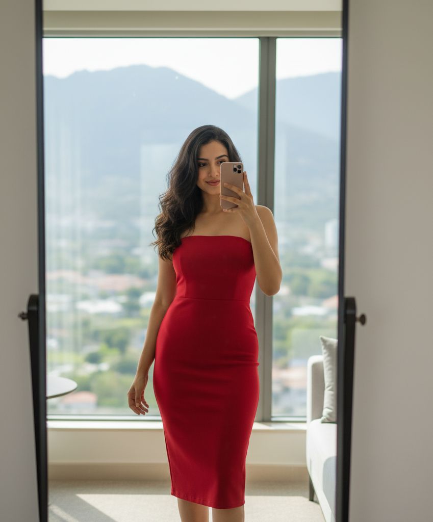 woman taking a mirror selfie in a red dress with mountains visible through the window