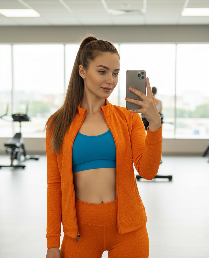 woman taking a mirror selfie in a gym wearing an orange workout outfit