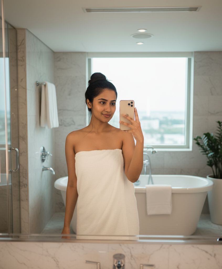 woman taking a mirror selfie in a bathroom wrapped in a white towel